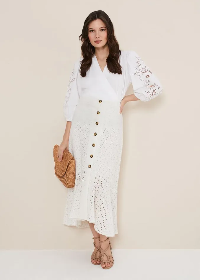 Abla Broderie Midi Skirt White Women Phase Eight Skirts