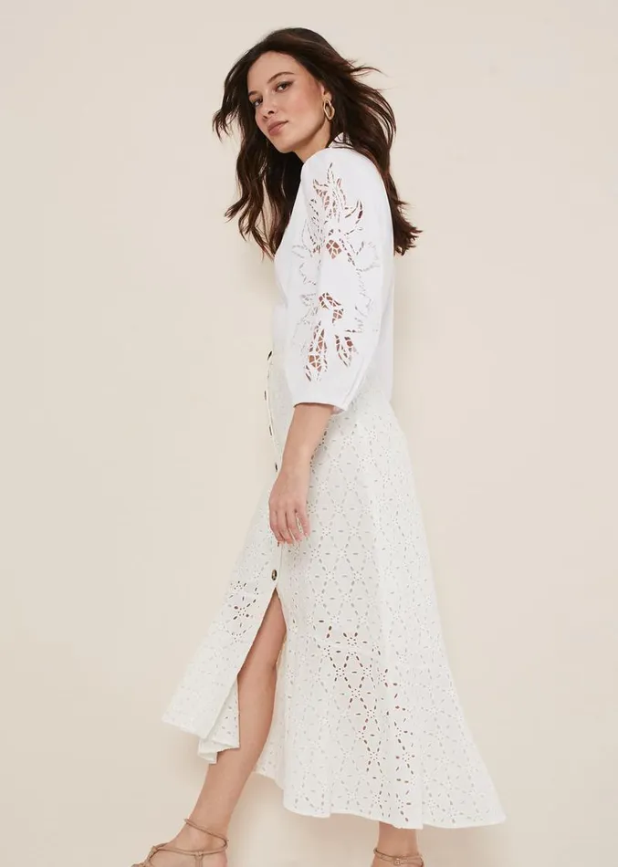 Abla Broderie Midi Skirt White Women Phase Eight Skirts