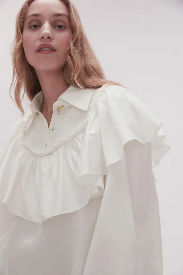 Aje Anne Twisted Flounce Blouse Ivory Women Tops
