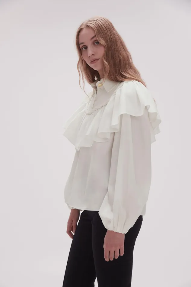 Aje Anne Twisted Flounce Blouse Ivory Women Tops