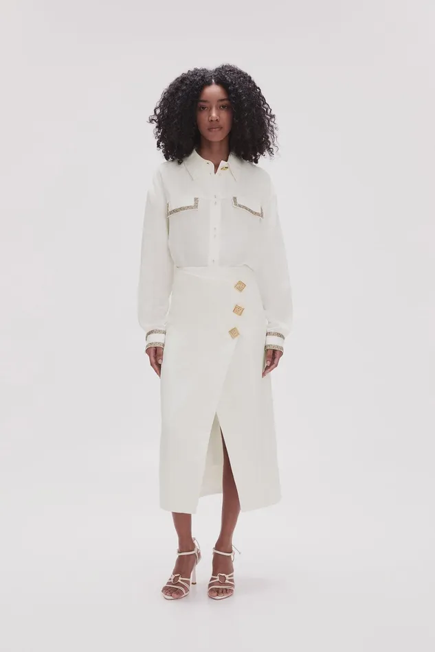 Aje Araminta Wrap Front Midi Skirt Ivory Women Skirts