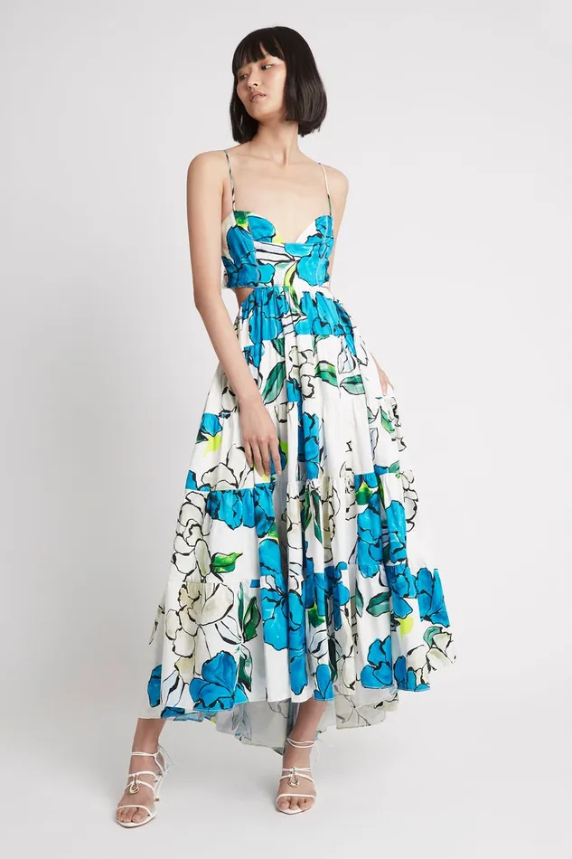Aje Botanical Tiered Midi Dress Cool Camellia Women Dresses
