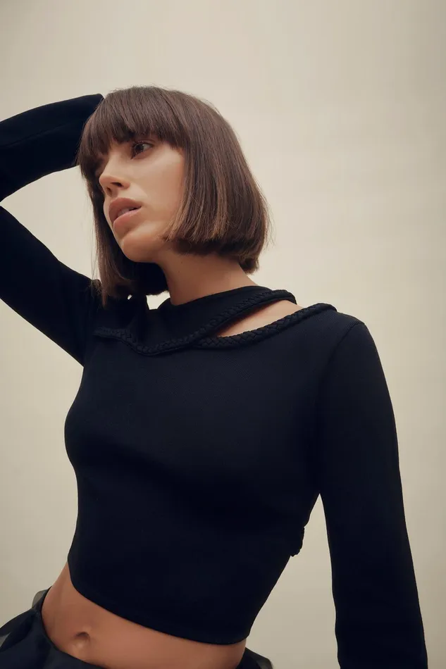Aje Cannes Braided Cut Out Knit Top Black Women Tops