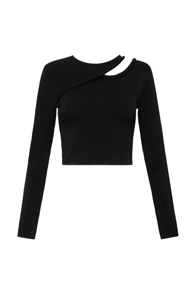 Aje Cannes Braided Cut Out Knit Top Black Women Tops