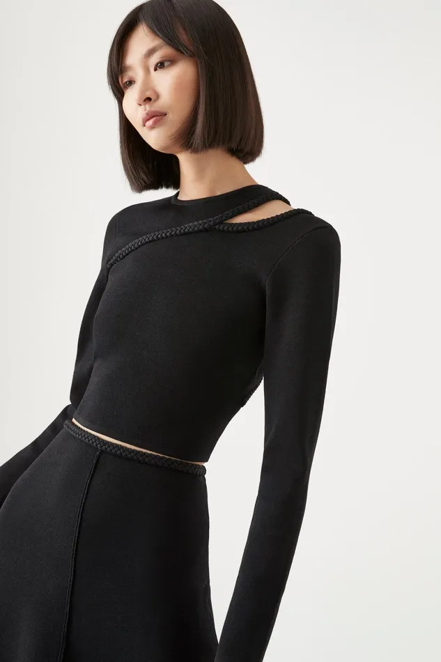 Aje Cannes Braided Cut Out Knit Top Black Women Tops