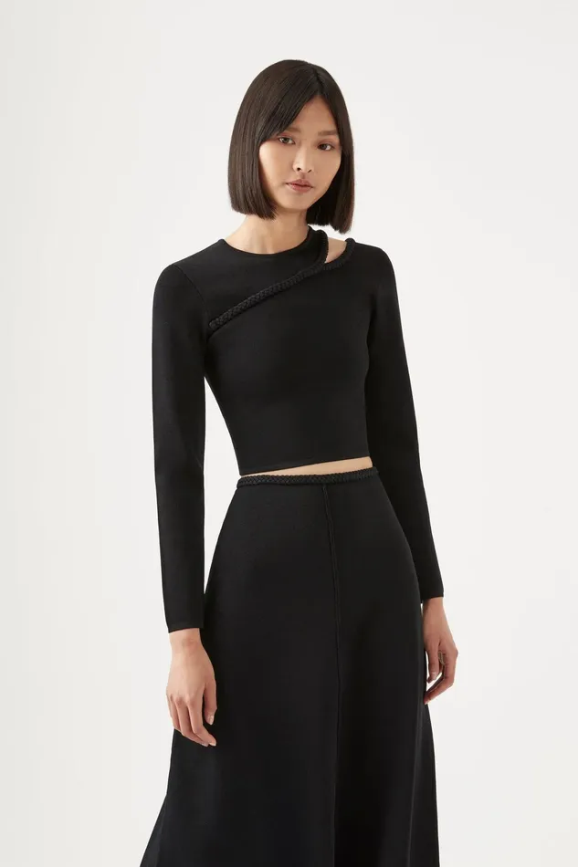 Aje Cannes Braided Cut Out Knit Top Black Women Tops