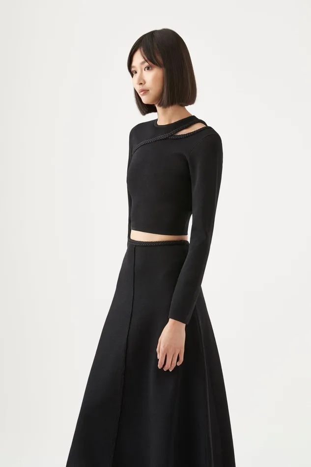 Aje Cannes Braided Cut Out Knit Top Black Women Tops