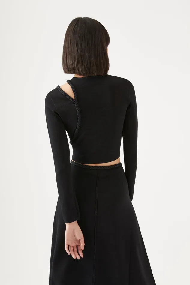 Aje Cannes Braided Cut Out Knit Top Black Women Tops