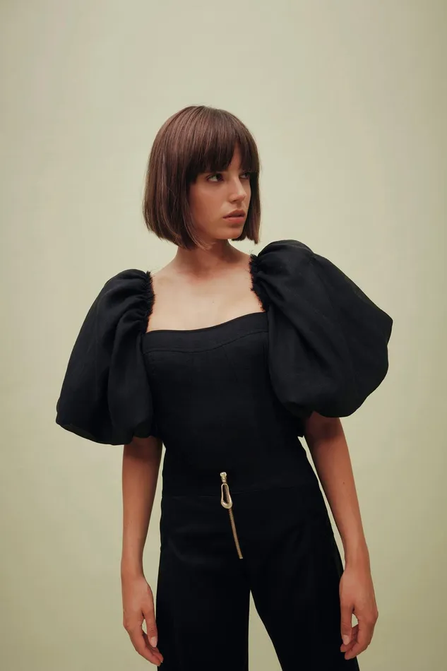 Aje Cecile Puff Sleeve Corset Top Black Women Tops