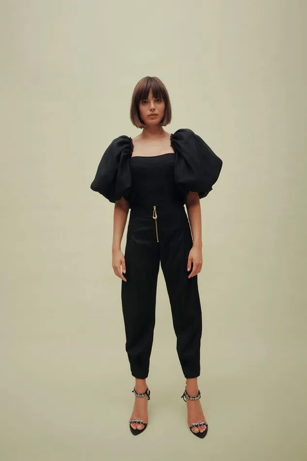 Aje Cecile Puff Sleeve Corset Top Black Women Tops