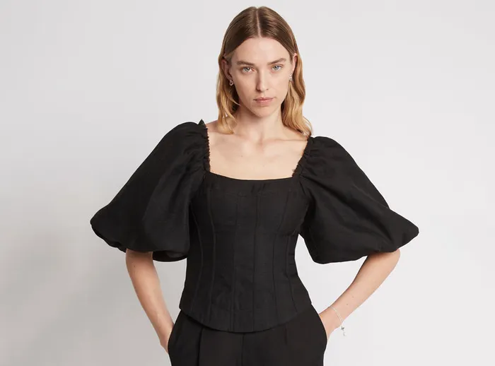 Aje Cecile Puff Sleeve Corset Top Black Women Tops