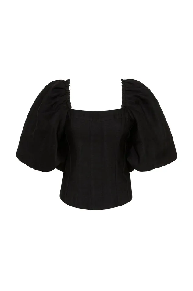 Aje Cecile Puff Sleeve Corset Top Black Women Tops