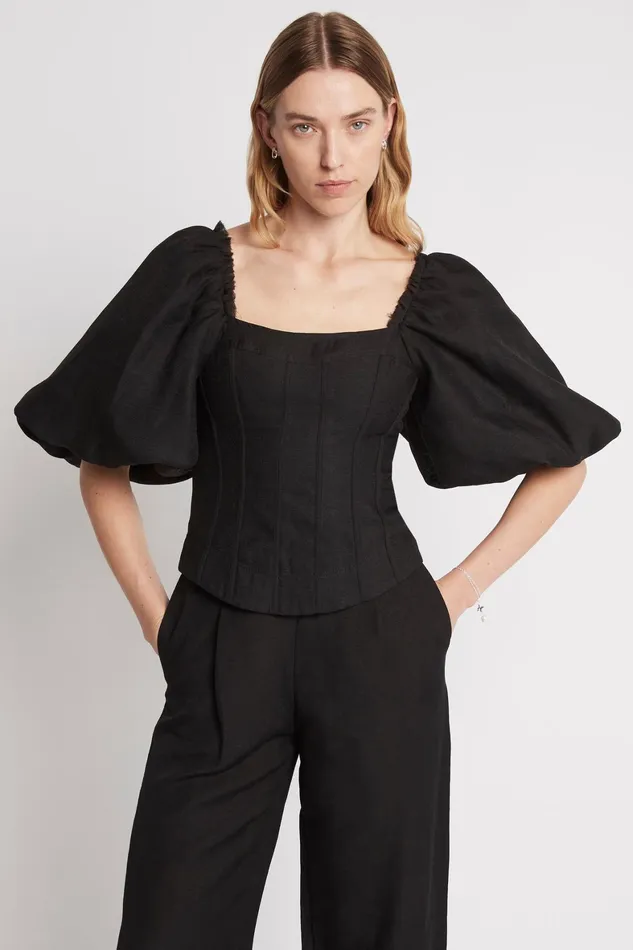 Aje Cecile Puff Sleeve Corset Top Black Women Tops