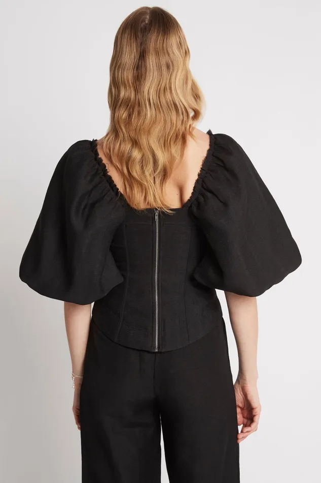 Aje Cecile Puff Sleeve Corset Top Black Women Tops