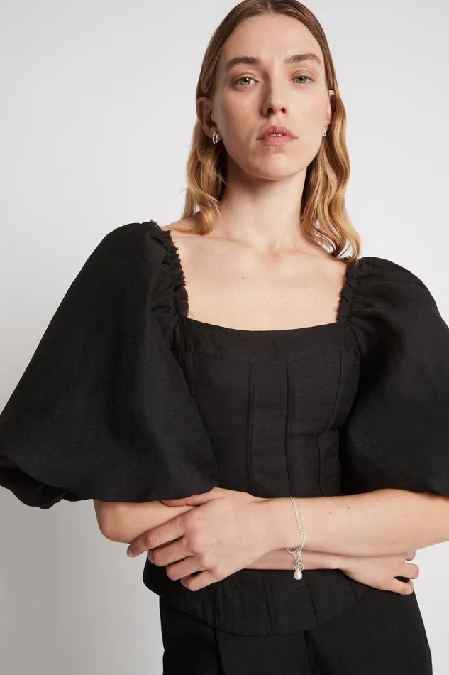 Aje Cecile Puff Sleeve Corset Top Black Women Tops