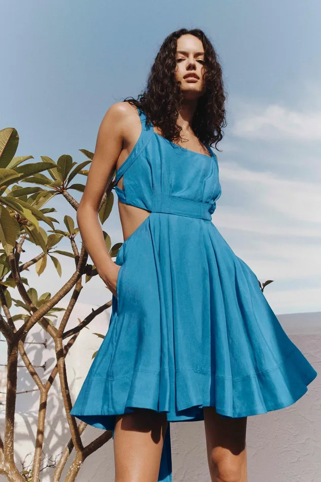 Aje Clara Tie Back Mini Dress Azure Blue Women Dresses