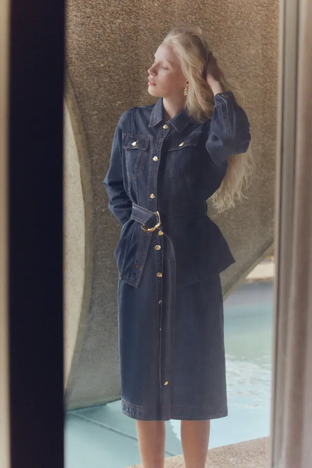 Aje Colorado Belted Denim Shirt Washed Indigo Women Denim