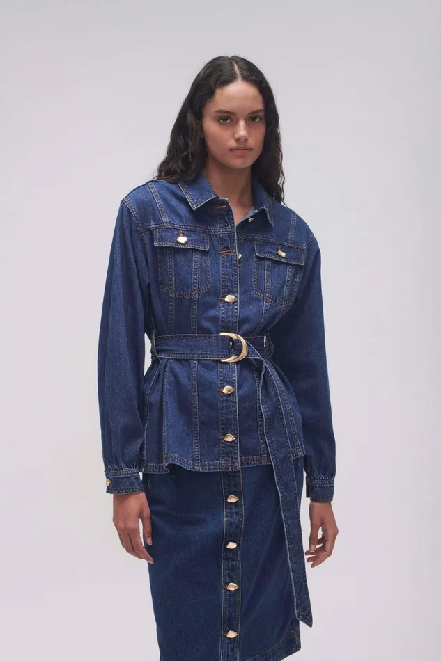 Aje Colorado Belted Denim Shirt Washed Indigo Women Tops