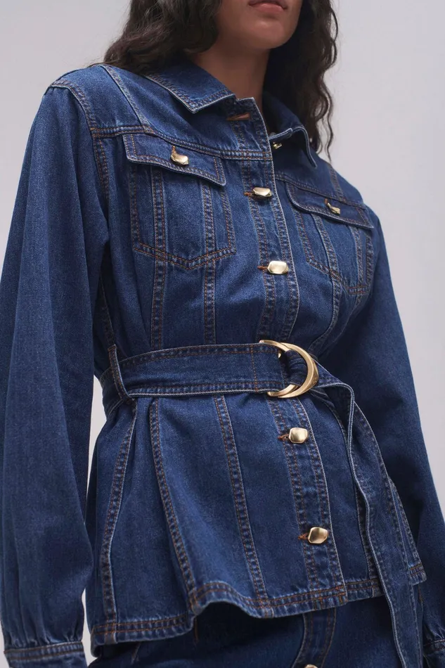 Aje Colorado Belted Denim Shirt Washed Indigo Women Tops
