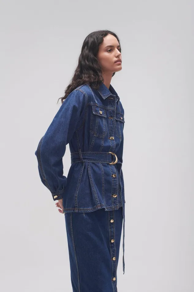 Aje Colorado Belted Denim Shirt Washed Indigo Women Tops