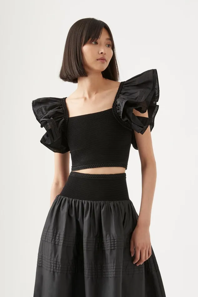 Aje Corinne Knit Bodice Crop Top Black Women Tops