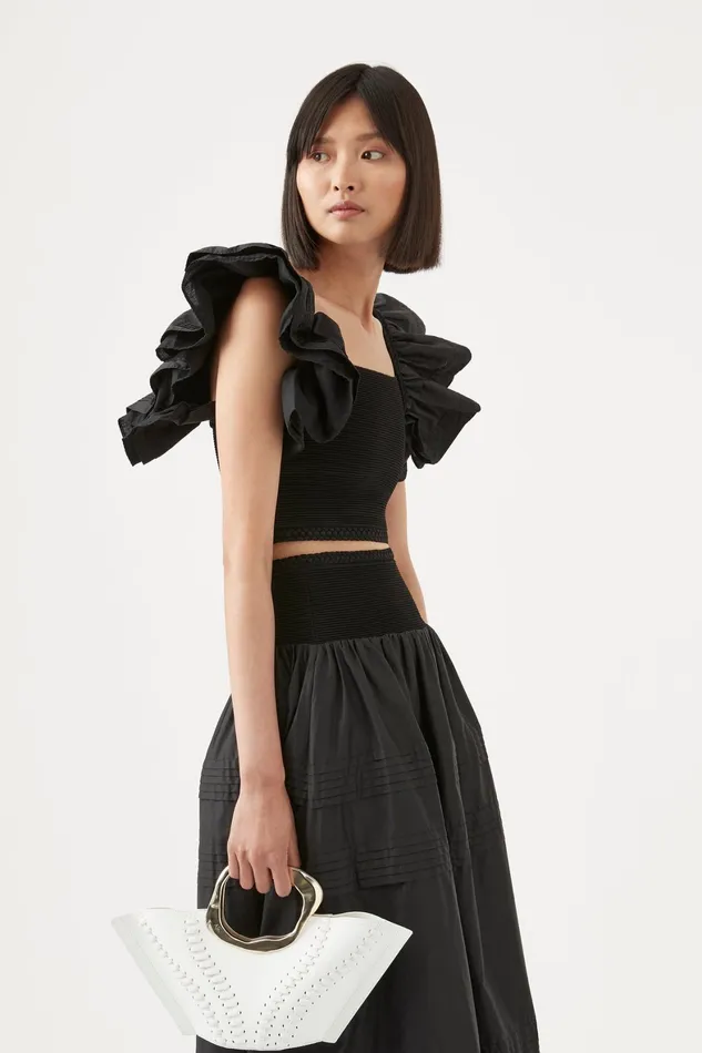 Aje Corinne Knit Bodice Crop Top Black Women Tops
