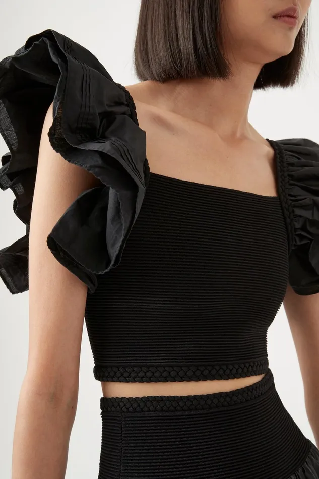 Aje Corinne Knit Bodice Crop Top Black Women Tops