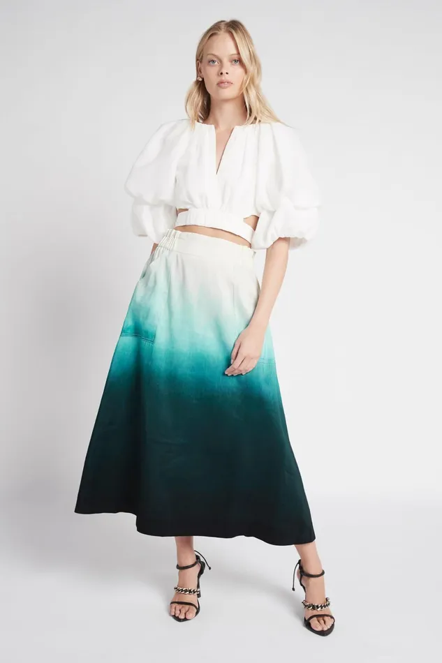 Aje Cosmos Midi Skirt Handpainted Teal Ombre Women Skirts