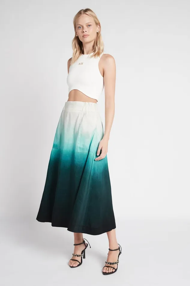 Aje Cosmos Midi Skirt Handpainted Teal Ombre Women Skirts