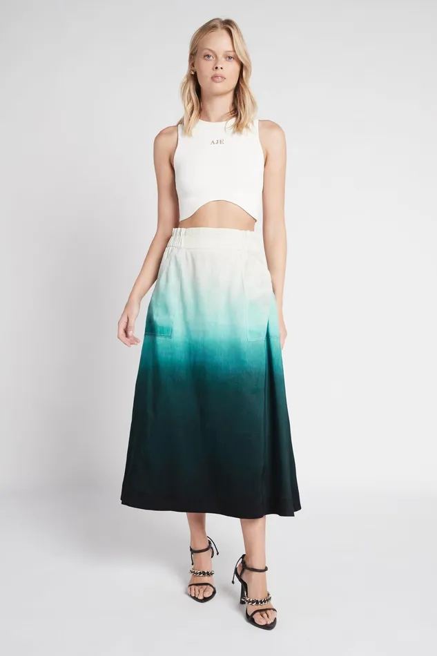 Aje Cosmos Midi Skirt Handpainted Teal Ombre Women Skirts