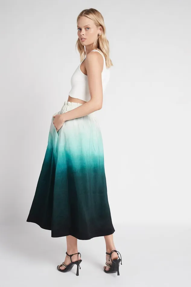 Aje Cosmos Midi Skirt Handpainted Teal Ombre Women Skirts
