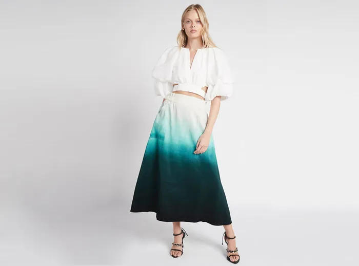Aje Cosmos Midi Skirt Handpainted Teal Ombre Women Skirts