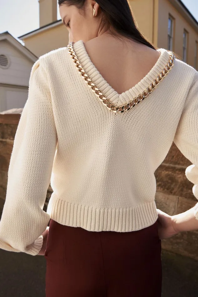 Aje Elle Chain Open Back Knit Jumper Ivory Women Knitwear and Jumpers