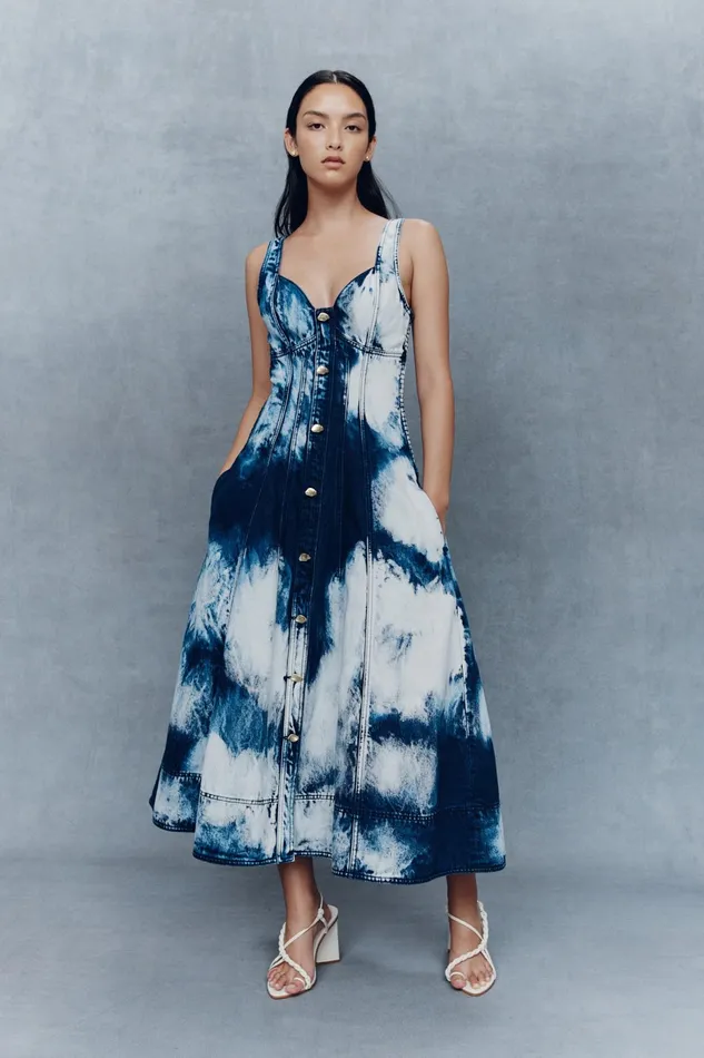 Aje Enigma Denim Midi Dress Tie Dye Indigo Women Denim