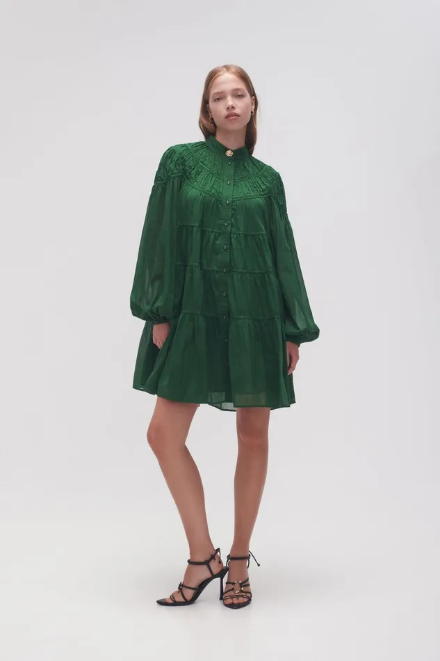 Aje Erika Ruched Tier Mini Dress Forest Green Women Dresses