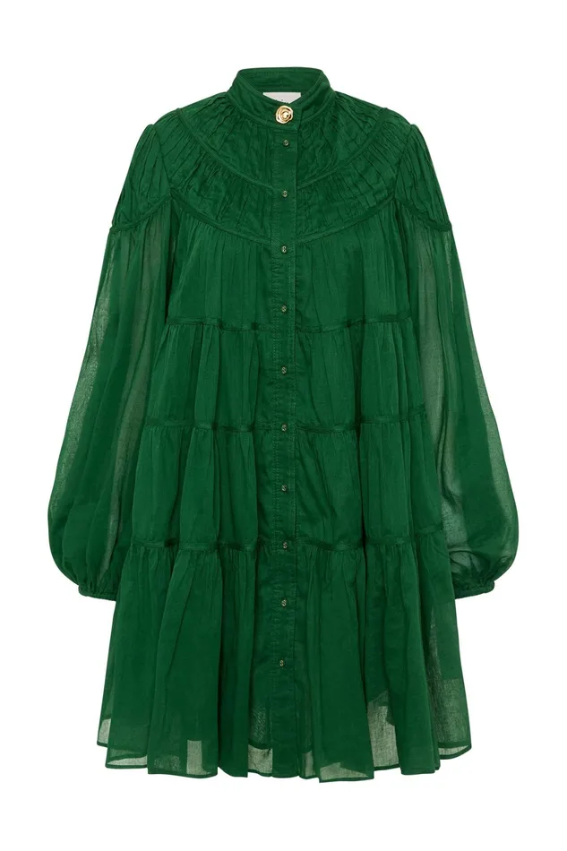 Aje Erika Ruched Tier Mini Dress Forest Green Women Dresses
