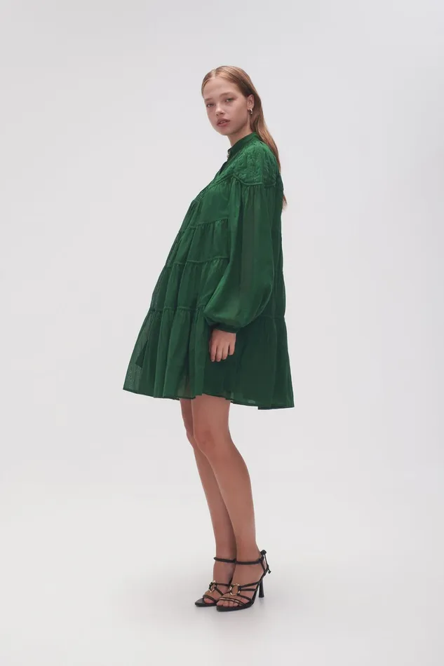 Aje Erika Ruched Tier Mini Dress Forest Green Women Dresses