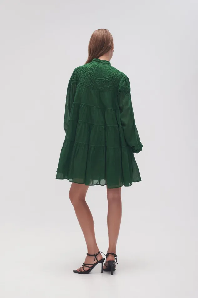 Aje Erika Ruched Tier Mini Dress Forest Green Women Dresses