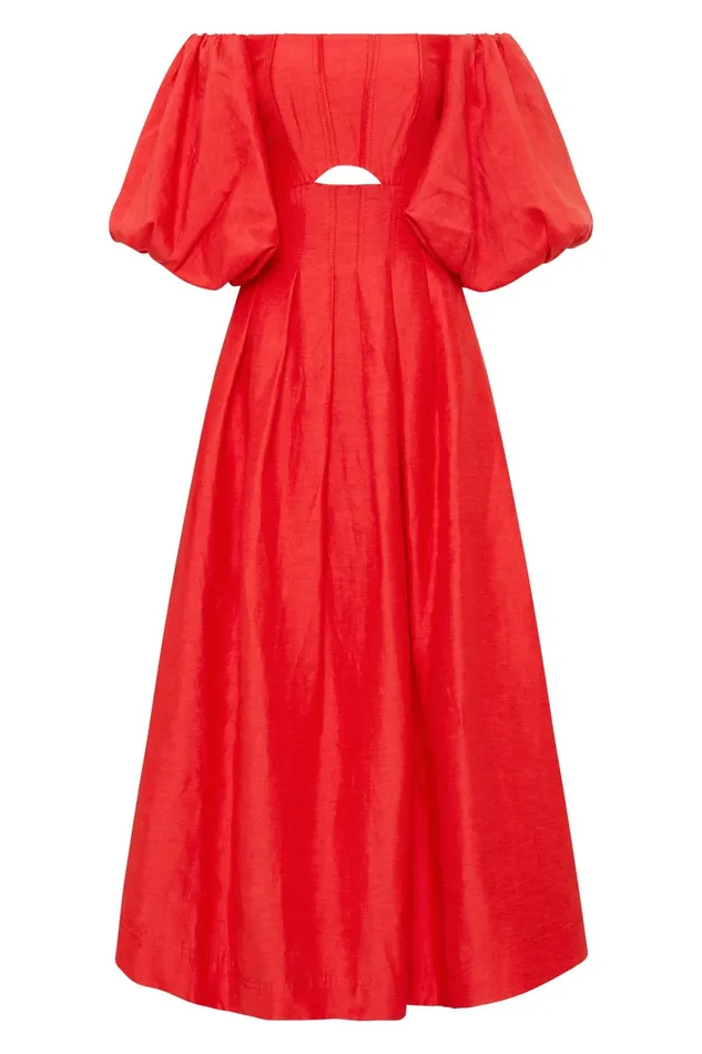 Aje Eugenie Off Shoulder Midi Dress Scarlet Red Women Dresses