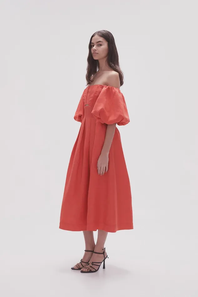 Aje Eugenie Off Shoulder Midi Dress Scarlet Red Women Dresses