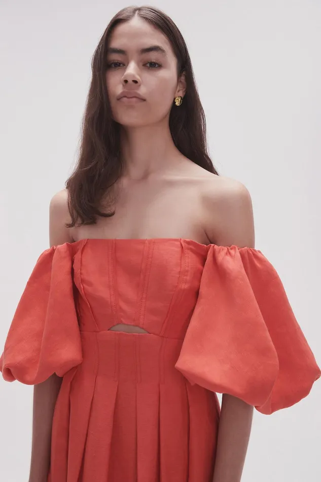 Aje Eugenie Off Shoulder Midi Dress Scarlet Red Women Dresses