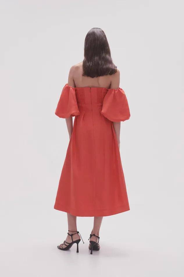 Aje Eugenie Off Shoulder Midi Dress Scarlet Red Women Dresses