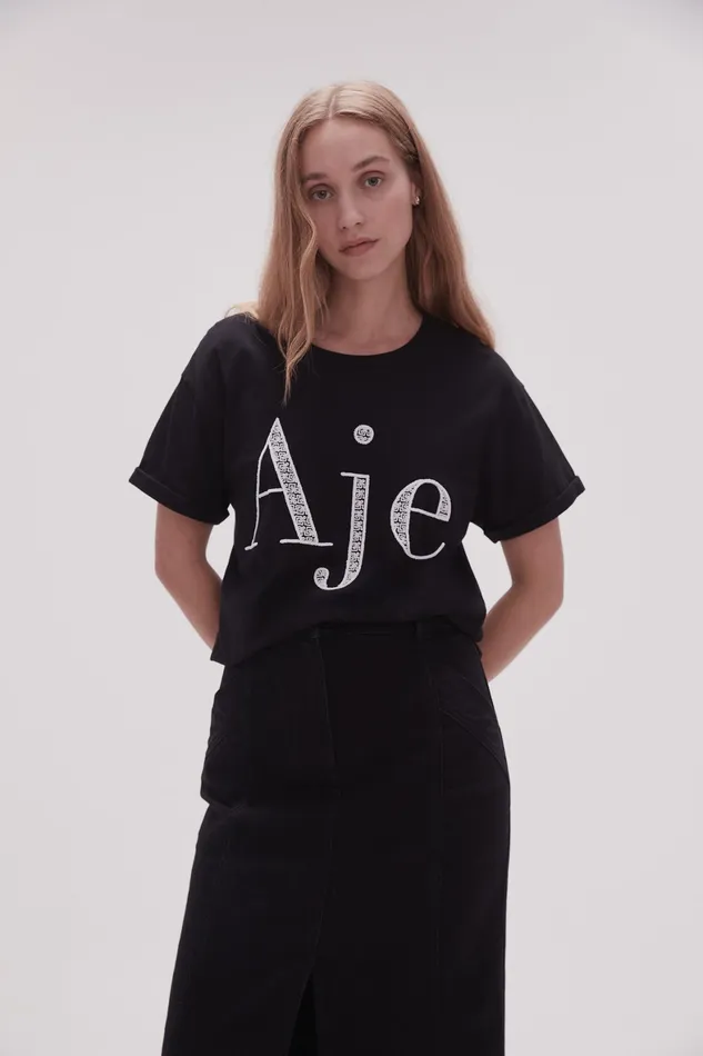 Aje Flossie Embellished Logo Tee Blackwhite Women Tees
