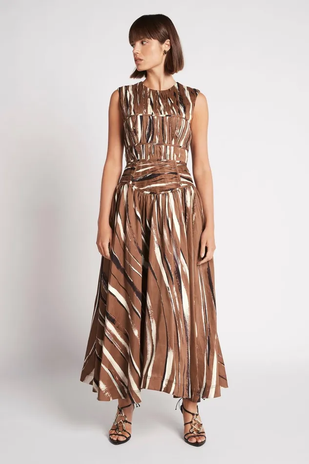 Aje Gabrielle Midi Dress Neutral Stripe Print Women Dresses