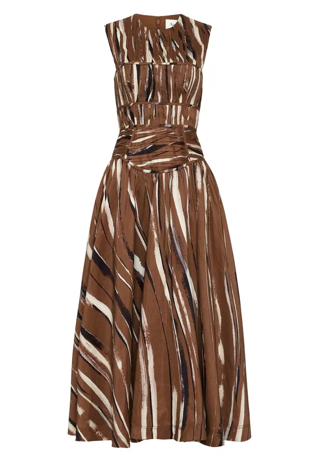 Aje Gabrielle Midi Dress Neutral Stripe Print Women Dresses