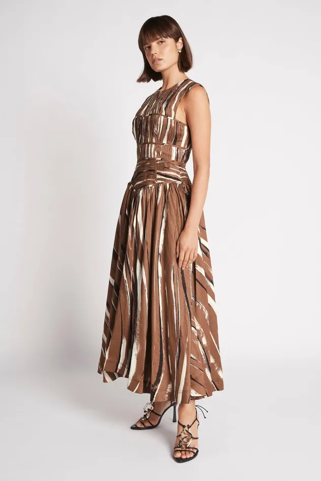 Aje Gabrielle Midi Dress Neutral Stripe Print Women Dresses