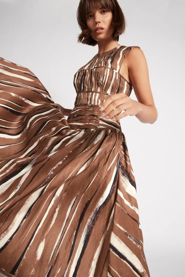 Aje Gabrielle Midi Dress Neutral Stripe Print Women Dresses