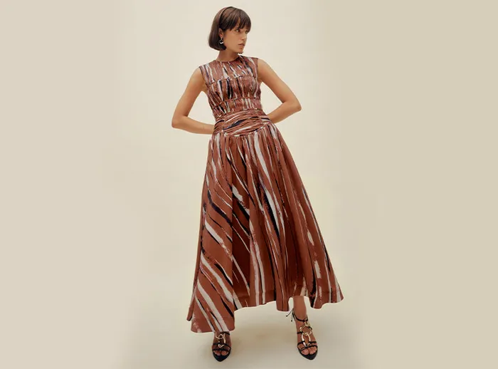 Aje Gabrielle Midi Dress Neutral Stripe Print Women Dresses