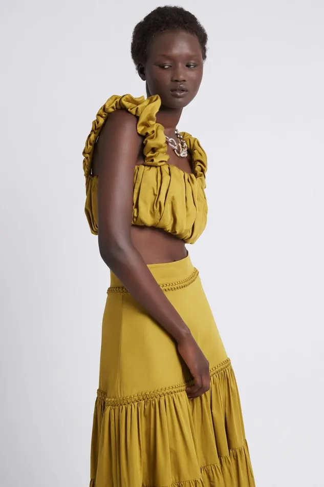Aje Medina Ruched Cropped Top Olive Green Women Tops