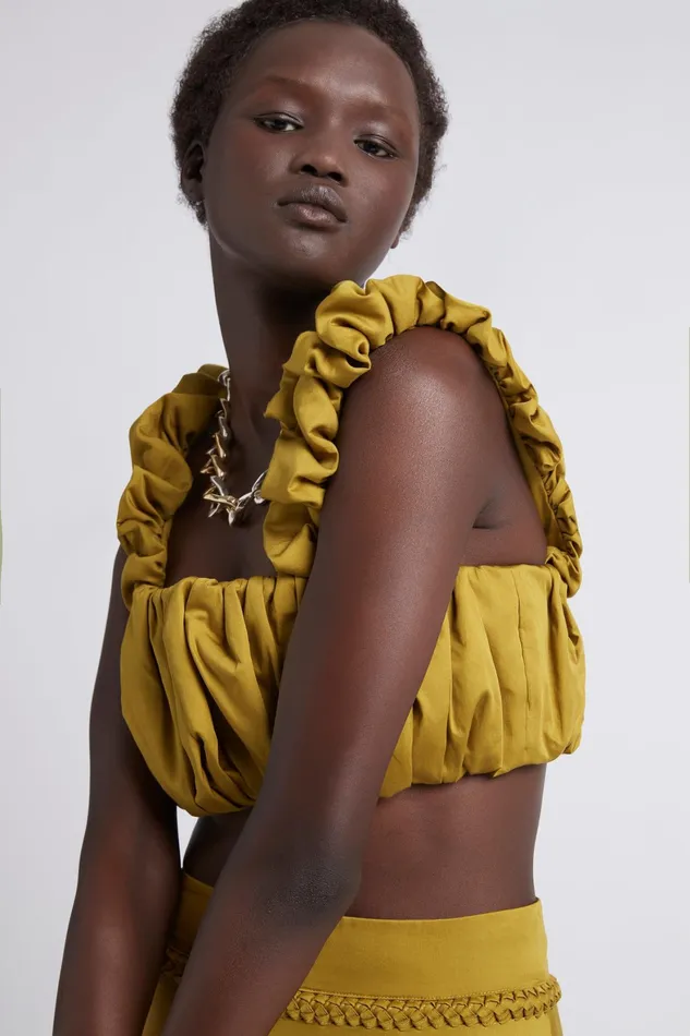 Aje Medina Ruched Cropped Top Olive Green Women Tops